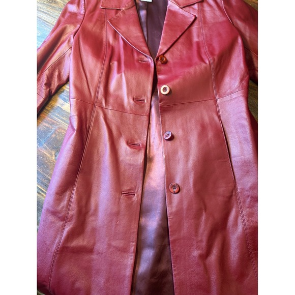 Chadwick's Burgundy Leather Trench Coat Longline Button Front Woman's Jacket M - Picture 13 of 15